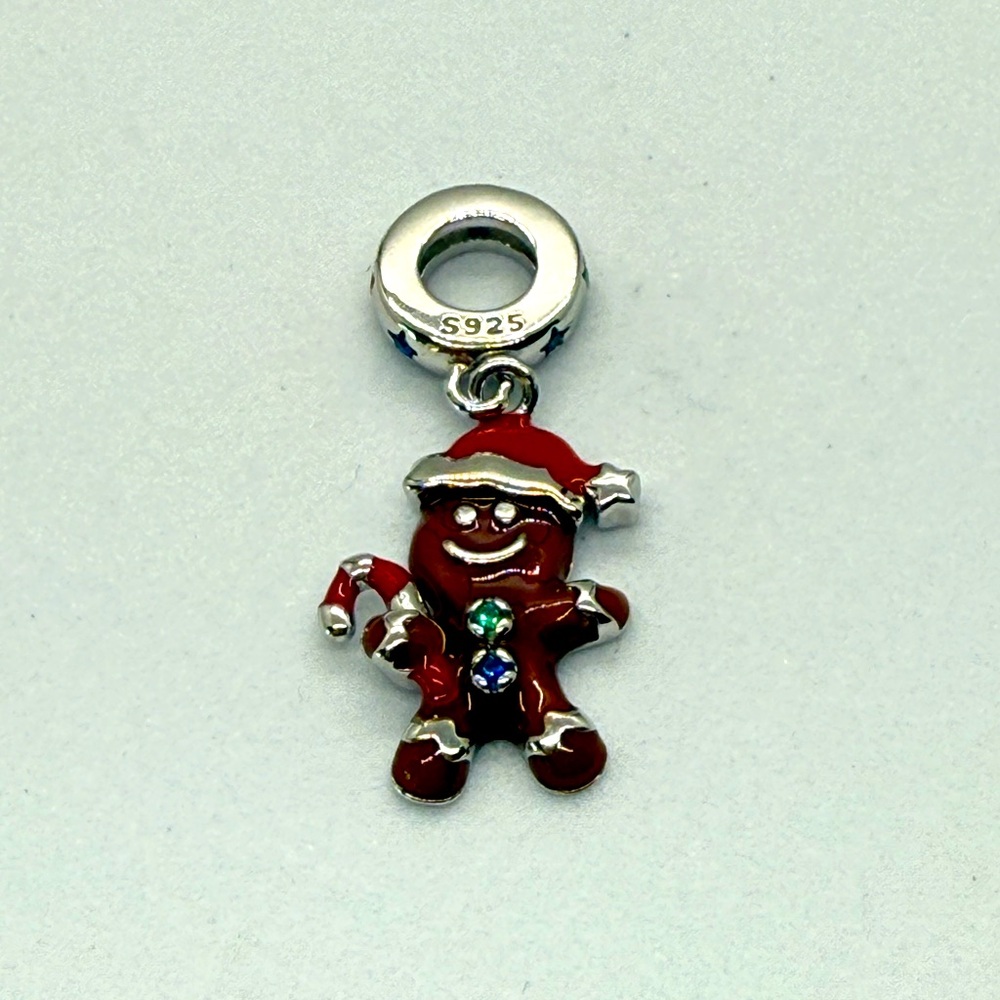 Sterling Silver Christmas Gingerbread Man Charm with Enamel & Crystals – New
